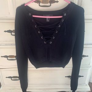 Cropped lace up sweater